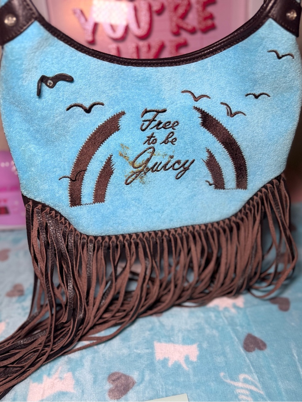 Juicy Couture Blue & Brown Fringe Crossbody Bag